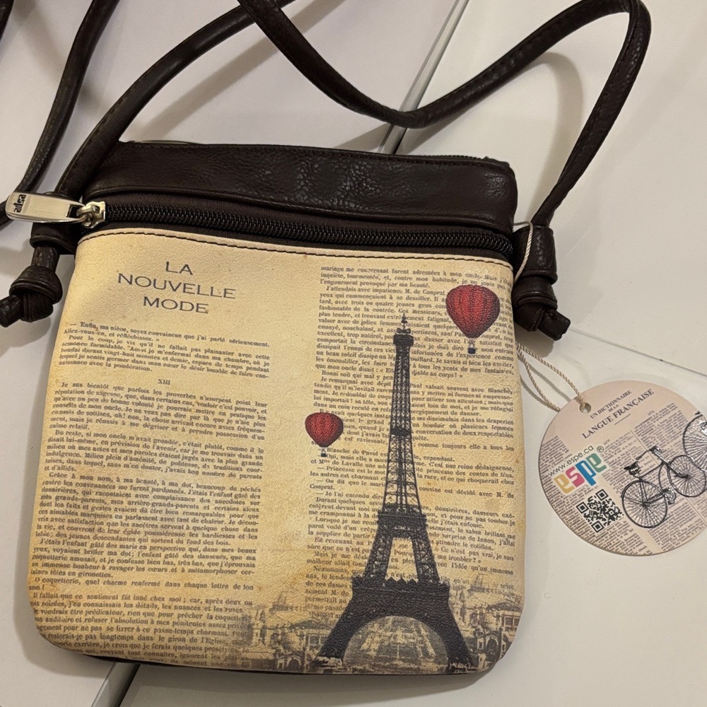 La Nouvelle Mode Parisian Print Crossbody Bag - Brown and Cream